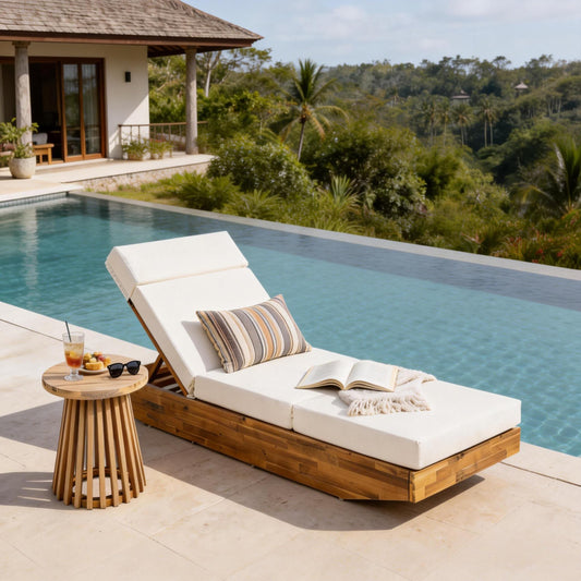 Christopher Knight Home Maril Acacia Wood Chaise Lounge Chair Outdoor, Adjustable Backrest Sun Lounger Recliner, Patio Outdoor Chaise Lounge with 4" Thick Water-Resistant Cushion, Teak+Cream