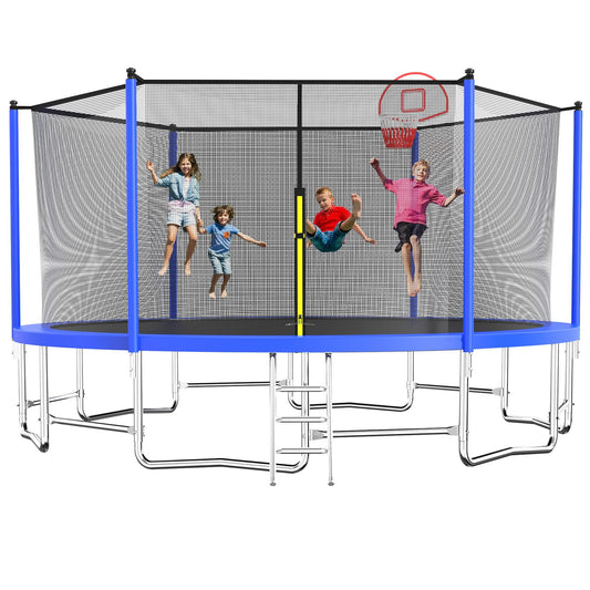 Tatub Upgrade 16FT Trampoline for Kids and Adults, Outdoor Recreational Trampolines with Basketball Hoop & Enclosure Net, Blue