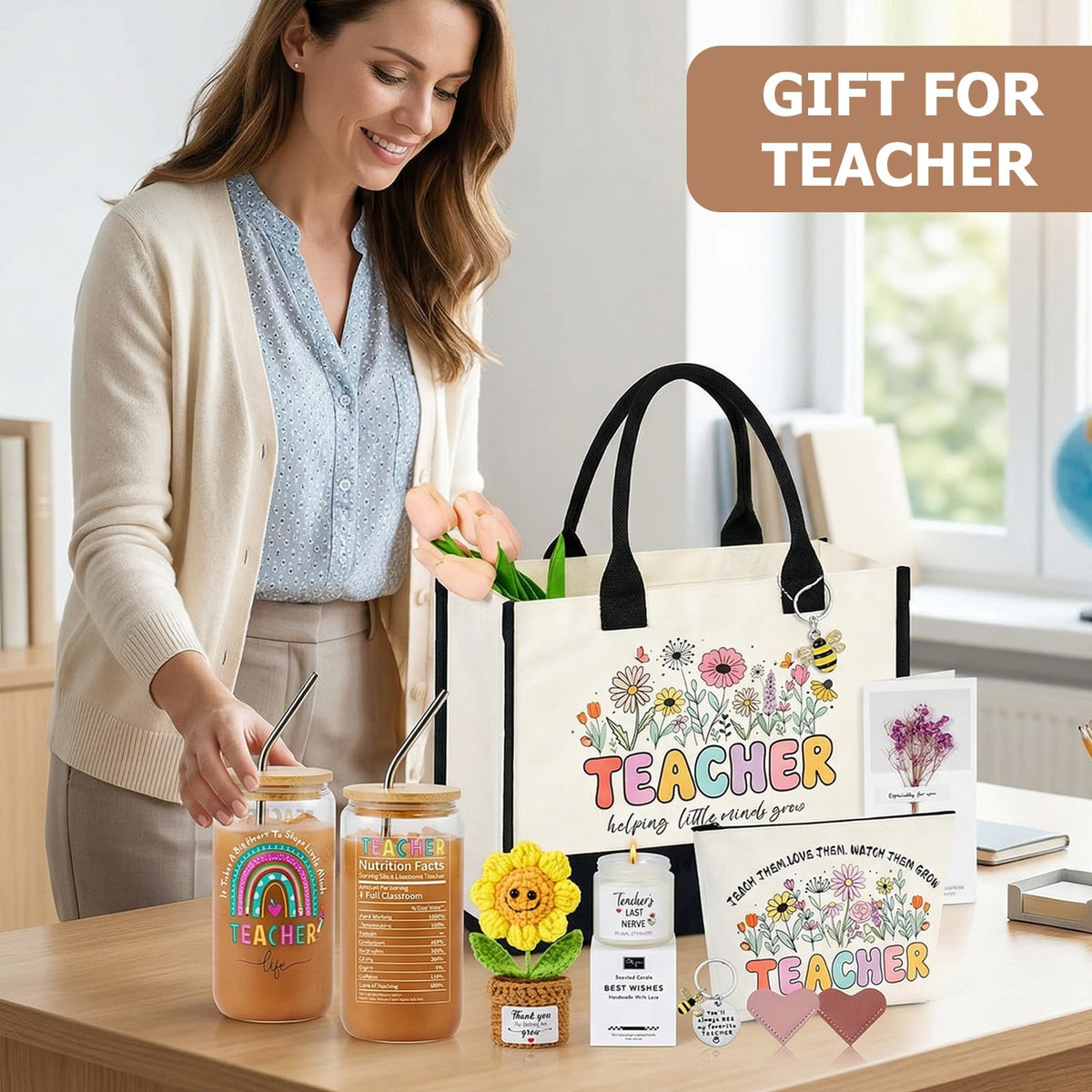 FINELOVE Teacher Appreciation Gifts for Women: 9 Pcs Teacher Gift Set with Large Functional Canvas Tote Bag & 16oz Glass Cup Thank You Gifts for Teacher Retirement, Back to School, Birthday, Christmas