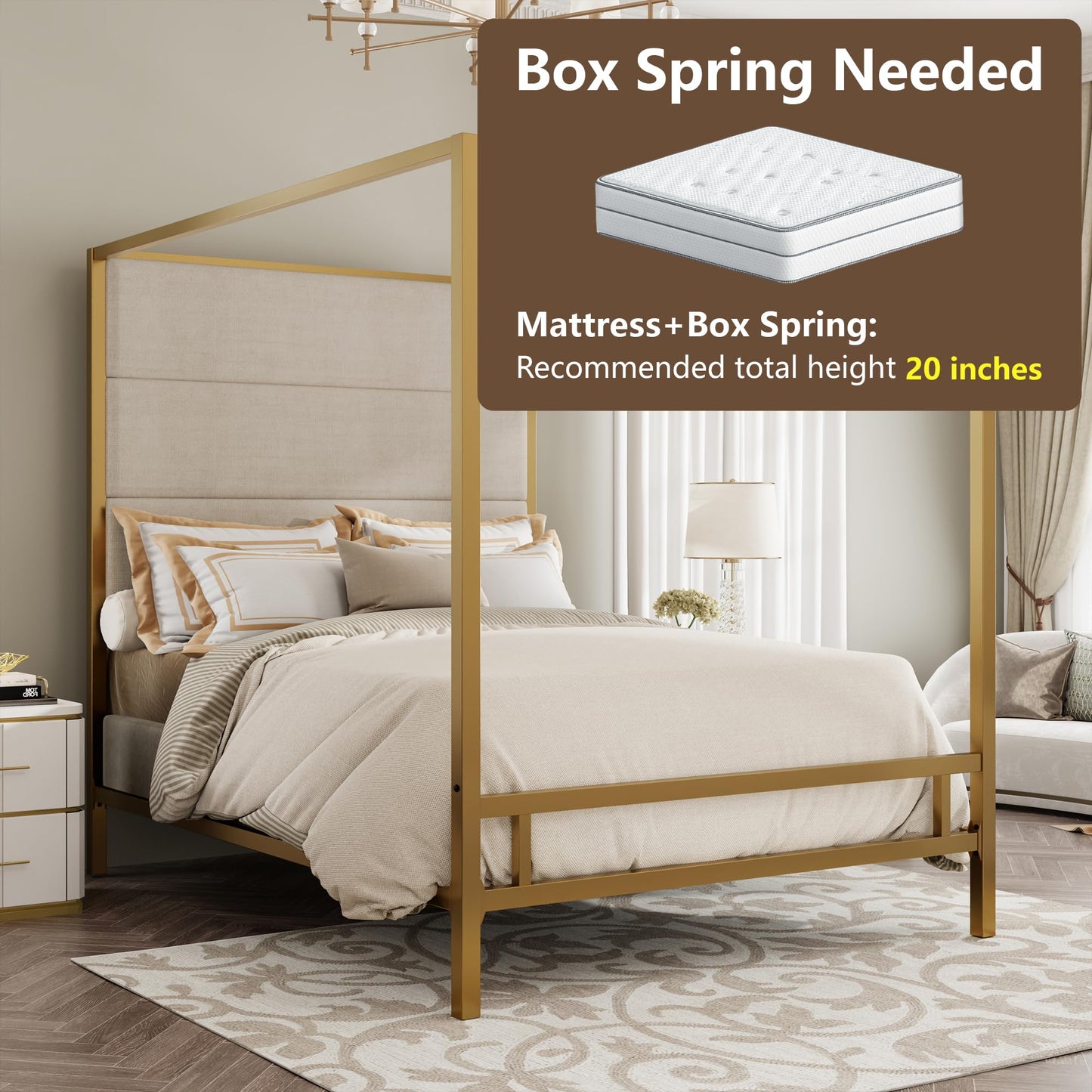 Merax Queen Size Gold Metal Canopy Bed Frame, 76.5" Tall Linen Upholstered Headboard, 4-Poster Bed with 800 lbs Capacity, Box Spring Required for Bedroom, Gold+Tan