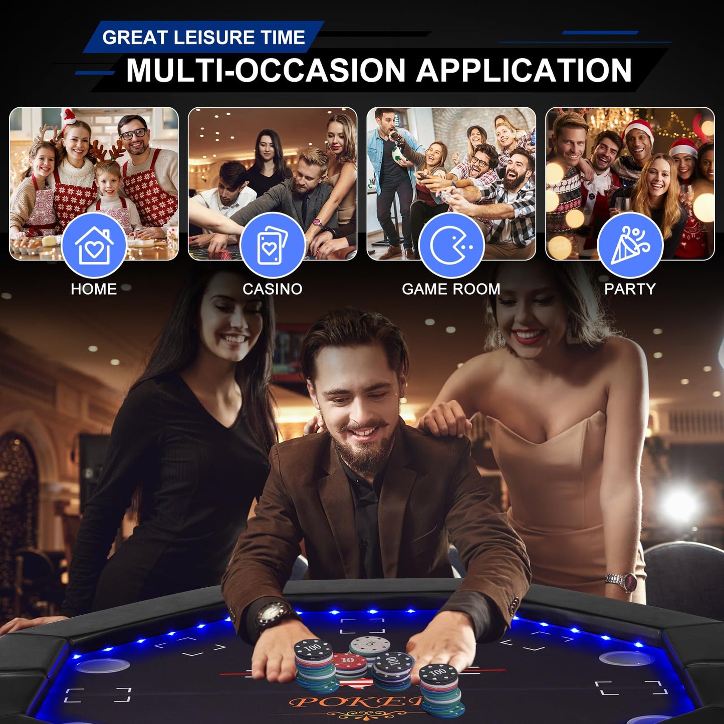 REAHOISY Foldable Poker Table with LED Lights, Octagon Casino Leisure Texas Holdem Table for 8 Player, Folding Blackjack Table w/Built-in LED Light, Padded Rails & Cup Holders for Home Game Room