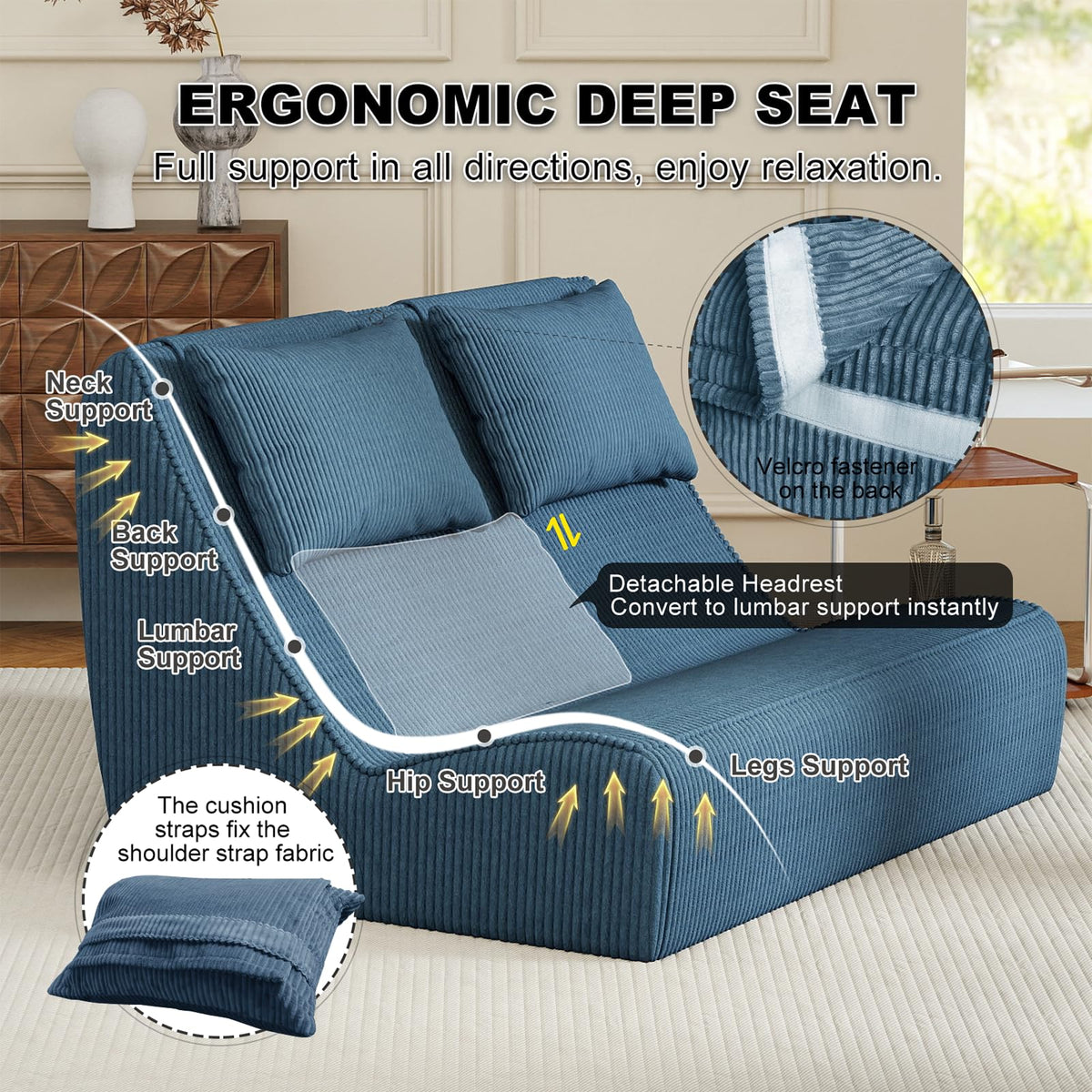 Giant Bean Bag Chair for Adults - Indoor Chaise Lounge with Pillows & Ottomans, Upholstered Loveseat Floor Sofa Chair for Reading, Gaming, Napping, and Movies (Royal Blue)