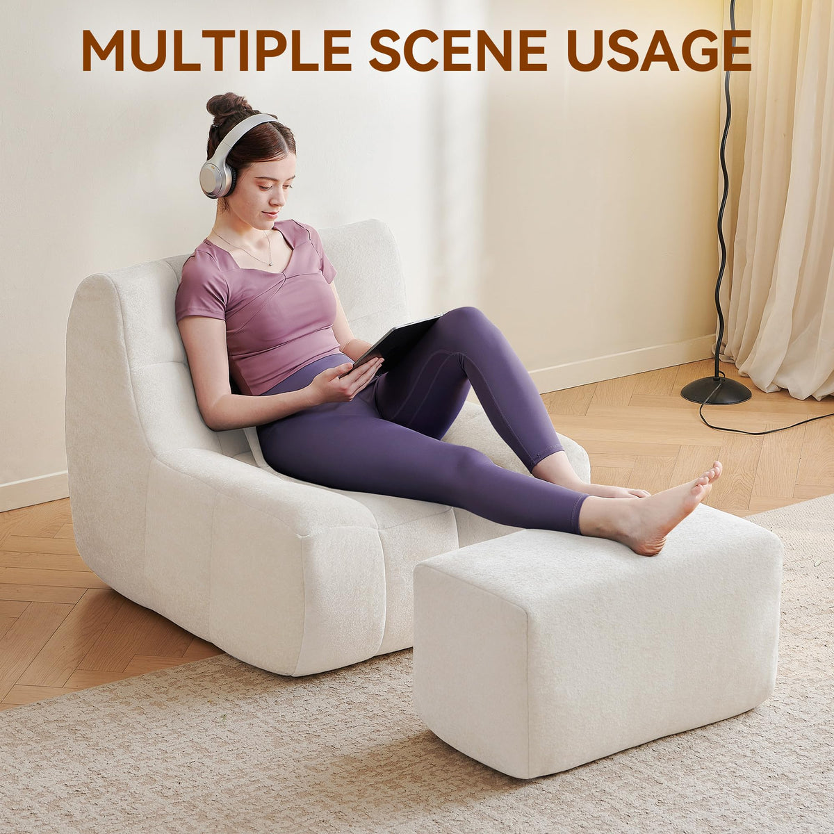 Bean Bag Chair With Footrest,Integrated Sponge Lounge Chair,Comfortable Bean Bag Sofa with Backrest, Faux FurBeanBagChair forAdultsandKids, Ideal for Bedrooms,Living Rooms,and Apartments(White)