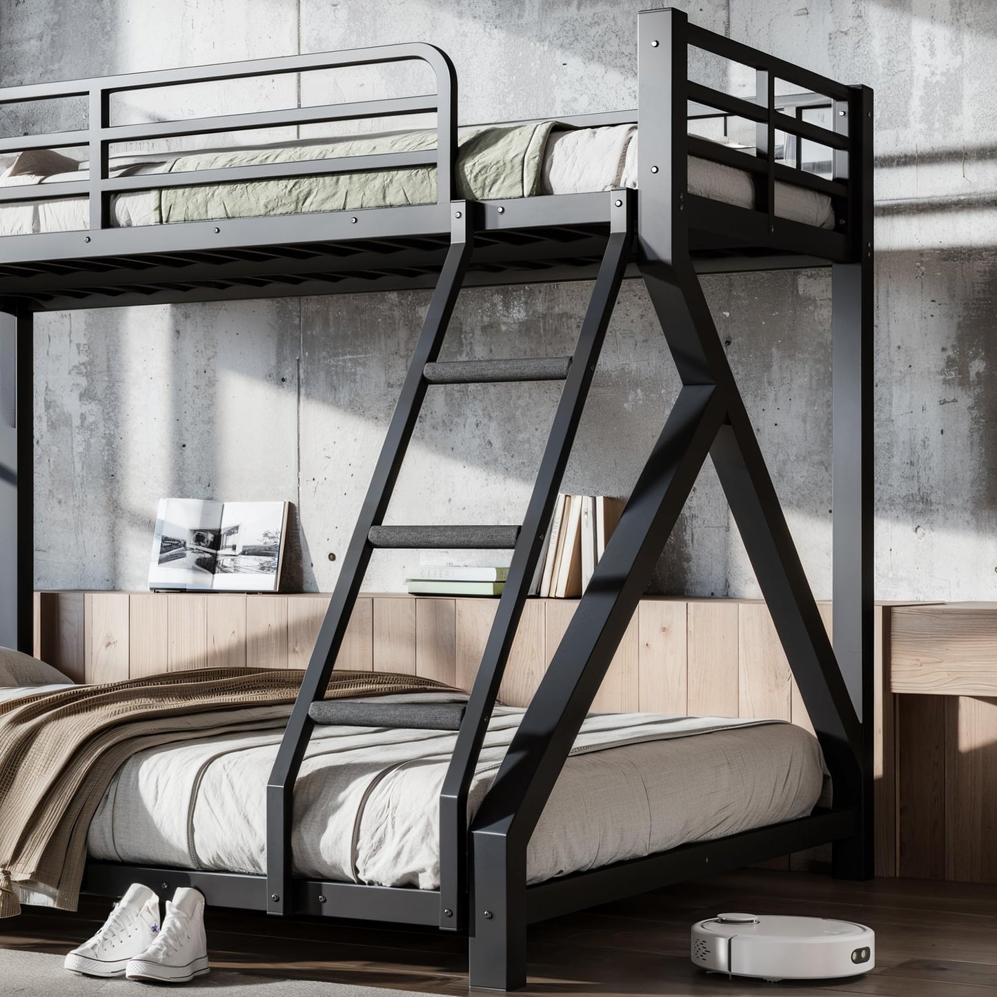 Bellemave Twin XL Over Queen Bunk Bed Frame with Noise Reduced Design, Low Profile Bunk Bed with Ladder and Fence, Heavy Buty Bunk Beds for Adults, Teens