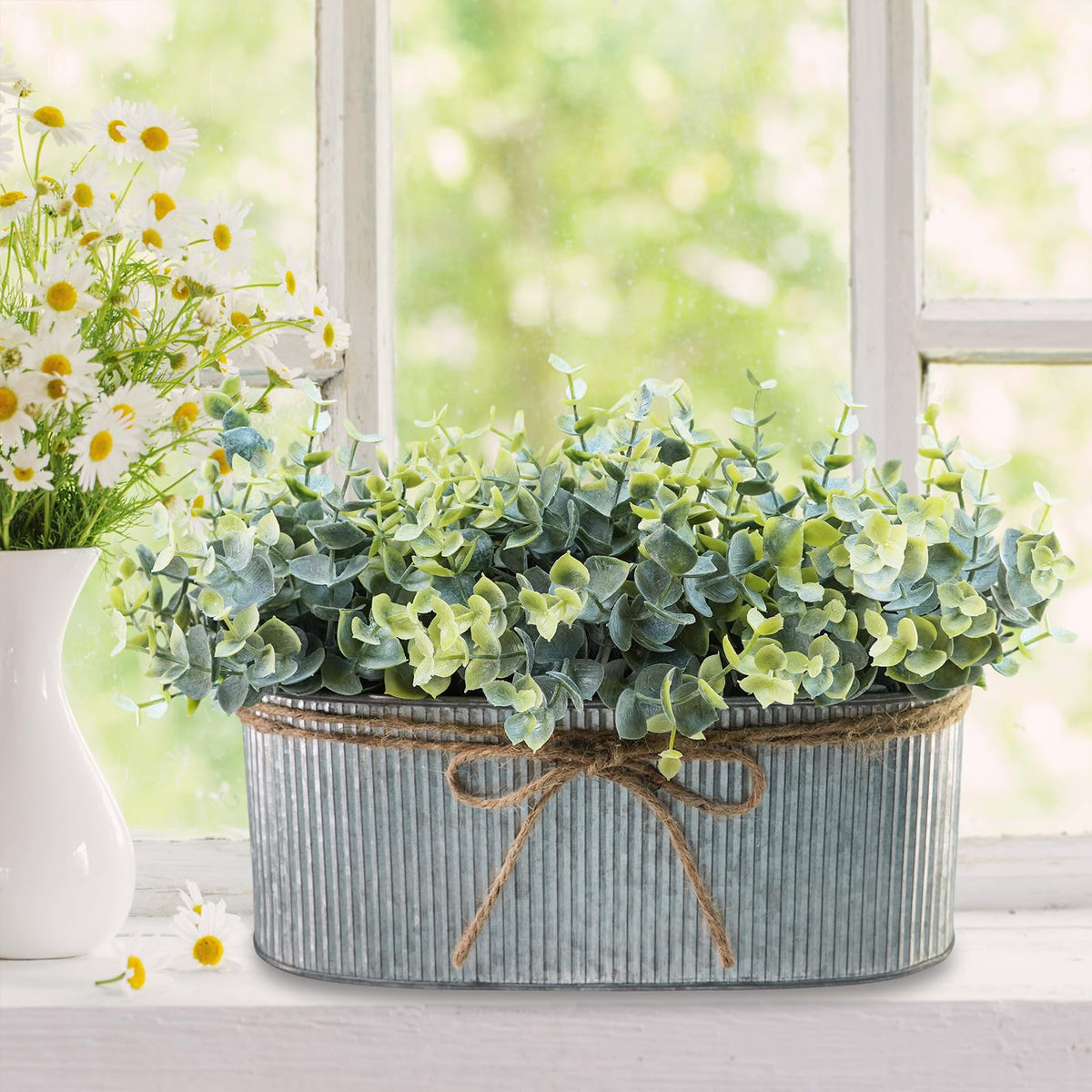 Winlyn Artificial Eucalyptus Arrangement in Rustic Oval Galvanized Metal Planter Box Faux Eucalyptus Bush Greenery Potted Plants for Farmhouse Indoor Home Office Table Centerpiece Kitchen Décor