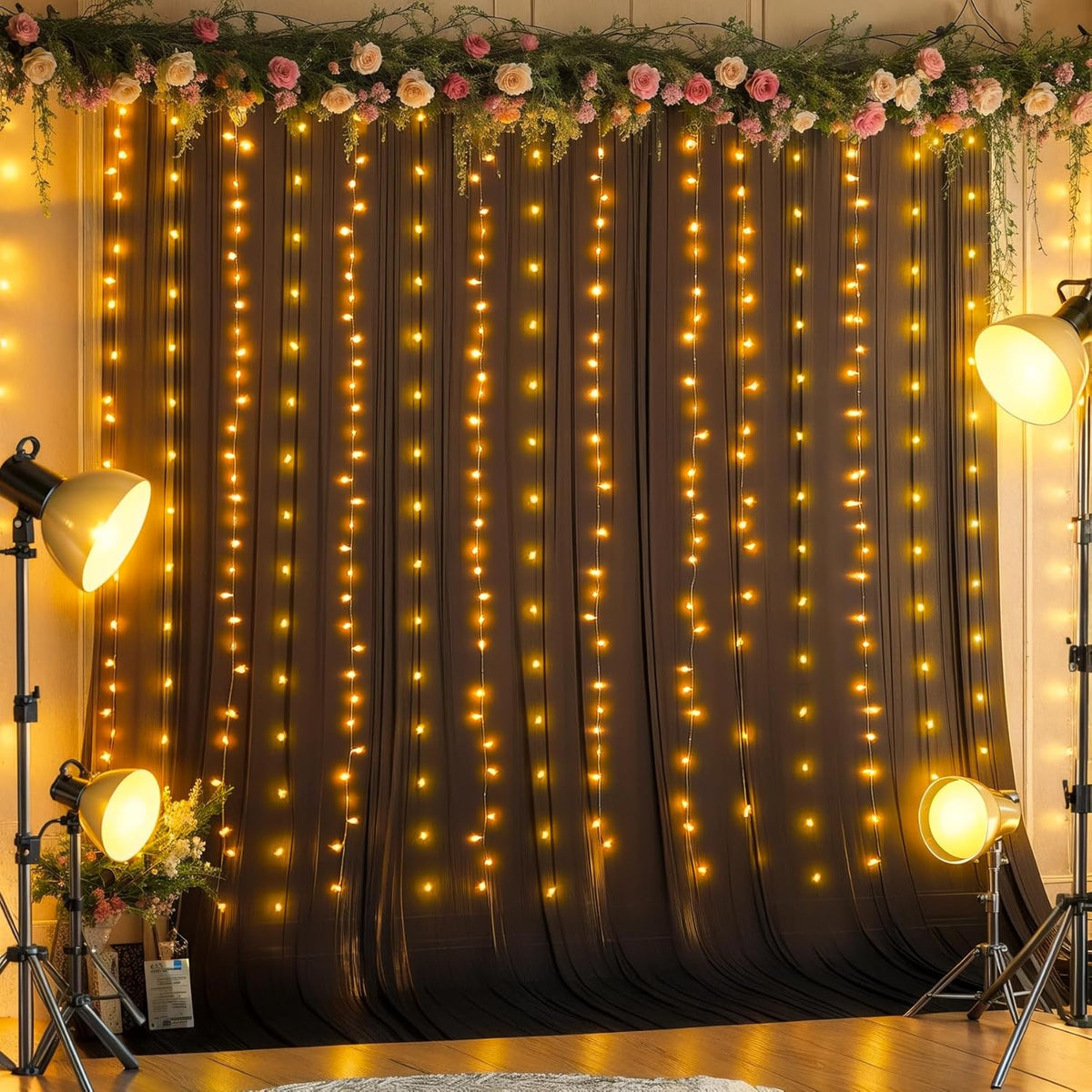 Wish Care 10x10FT Black Wrinkle Free Backdrop Curtains with Lights String for Parties - Photo Curtain Backdrop