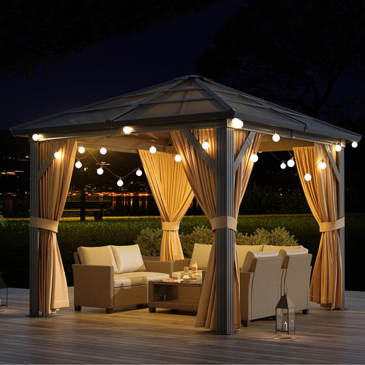 GAOMON 10x12ft Gazebo, Hardtop Outdoor Canopy Aluminum Frame Permanent Gazebo with Netting and Curtains, Polycarbonate Garden Tent for Patio, Lawn, Backyard, Deck (10'x12')