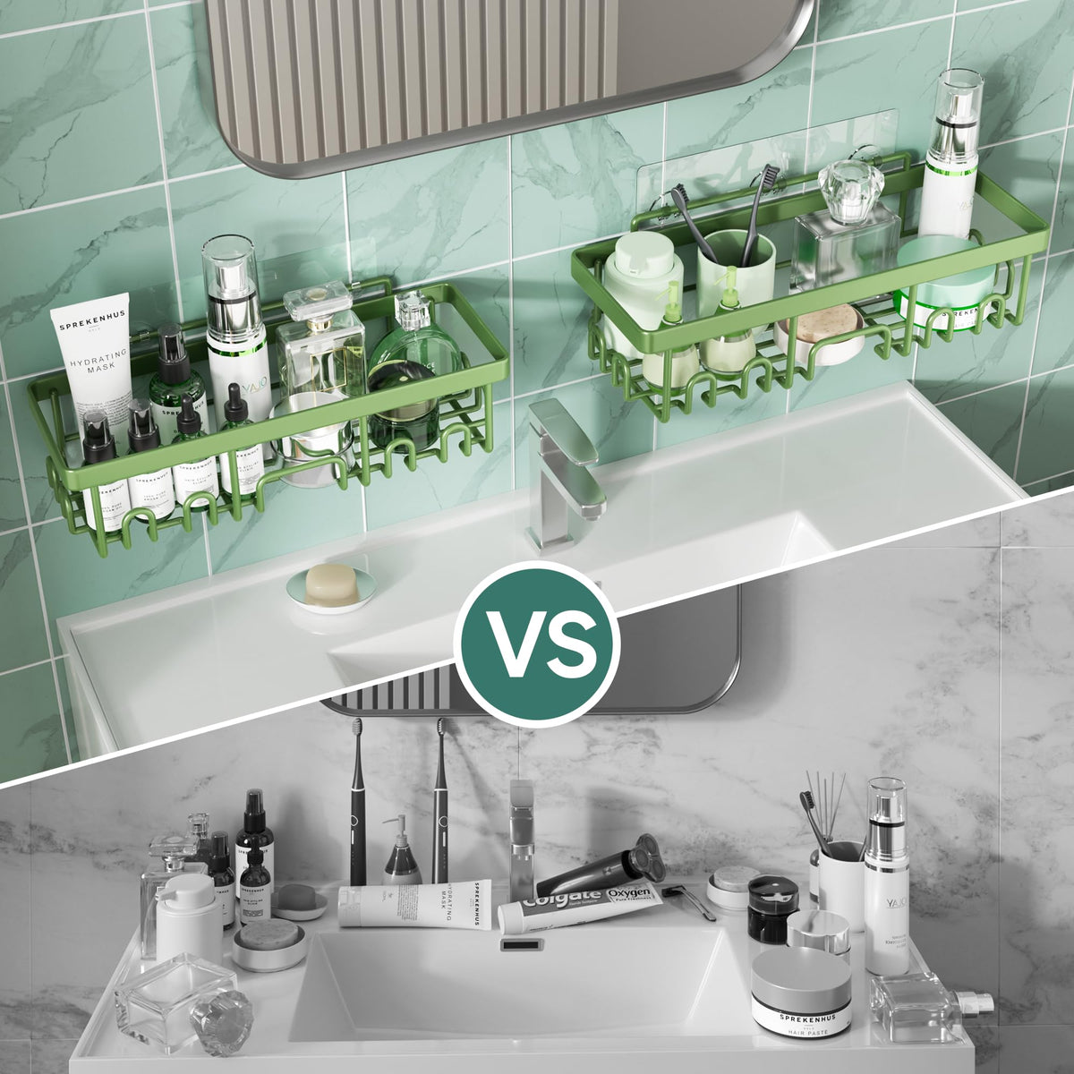 Veken Rustproof & Waterproof Shower Caddy 6-Pack, No Drilling Adhesive Shelves Rack with Soap Holder, Large Capacity Bathroom Organizers and Storage, Wall-Mounted Kitchen & Home Decor, Green
