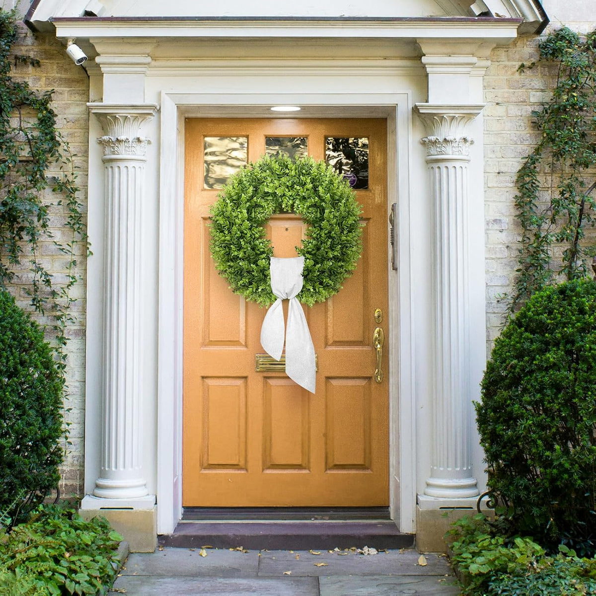 Vlorart 20" Faux Round Boxwood Wreath - Large Artificial Greenery with Plaid Bow for Door & Wedding Decor