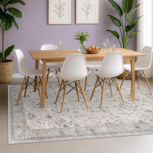 Hazo Haus Boho Light Grey Living Room Rug - Modern Vintage Floral Design, 6x8, Washable Non-Slip Area Rug