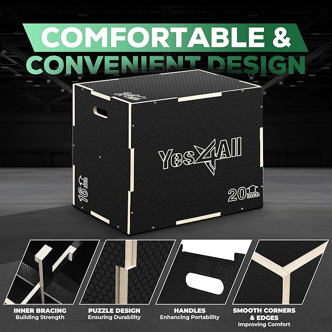 Yes4All 3 in 1 Non-Slip Wooden Plyo Box, Step Up Box for Workout, Plyometric Jump Box for Skipping, Jumping, Lunges, Squats, Dips