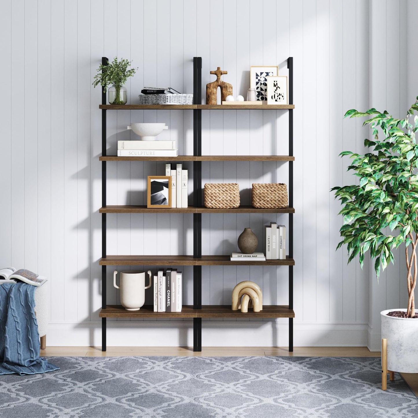 Nathan James Theo 5-Shelf Wood Modern Bookcase, Open Wall Mount Ladder Bookshelf with Industrial Black Metal Frame, Reclaimed Oak, Set of 2