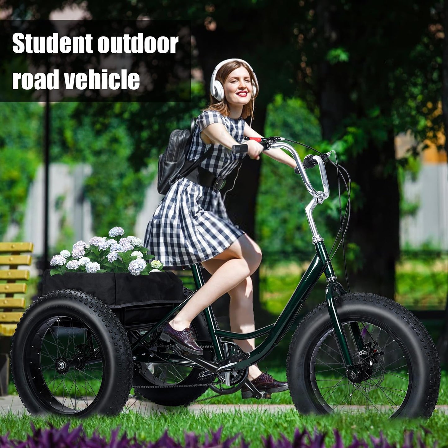 Smalibal [Fat Tires] 7-Speed Adult Tricycle 20 Inch - Stable 3 Wheel Bikes for Adults with Large Spacious Basket, Double Disc Brake, Picnic Shopping Tricycles for Seniors, Women, Men Black