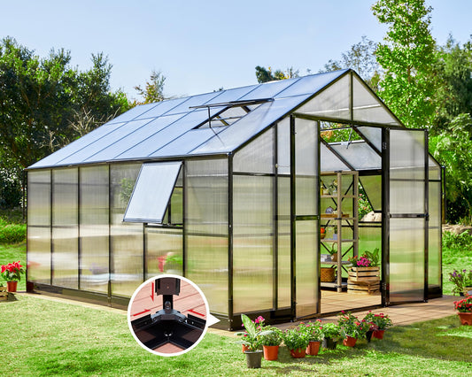 AMERLIFE 12x13.5x9 FT Walk-in Backyard Greenhouse, Aluminum Frame with Polycarbonate Panels, Easy Quick-Connect Assembly, 6.7 FT Bronze Double Doors, 4 Ventilation Windows, Black