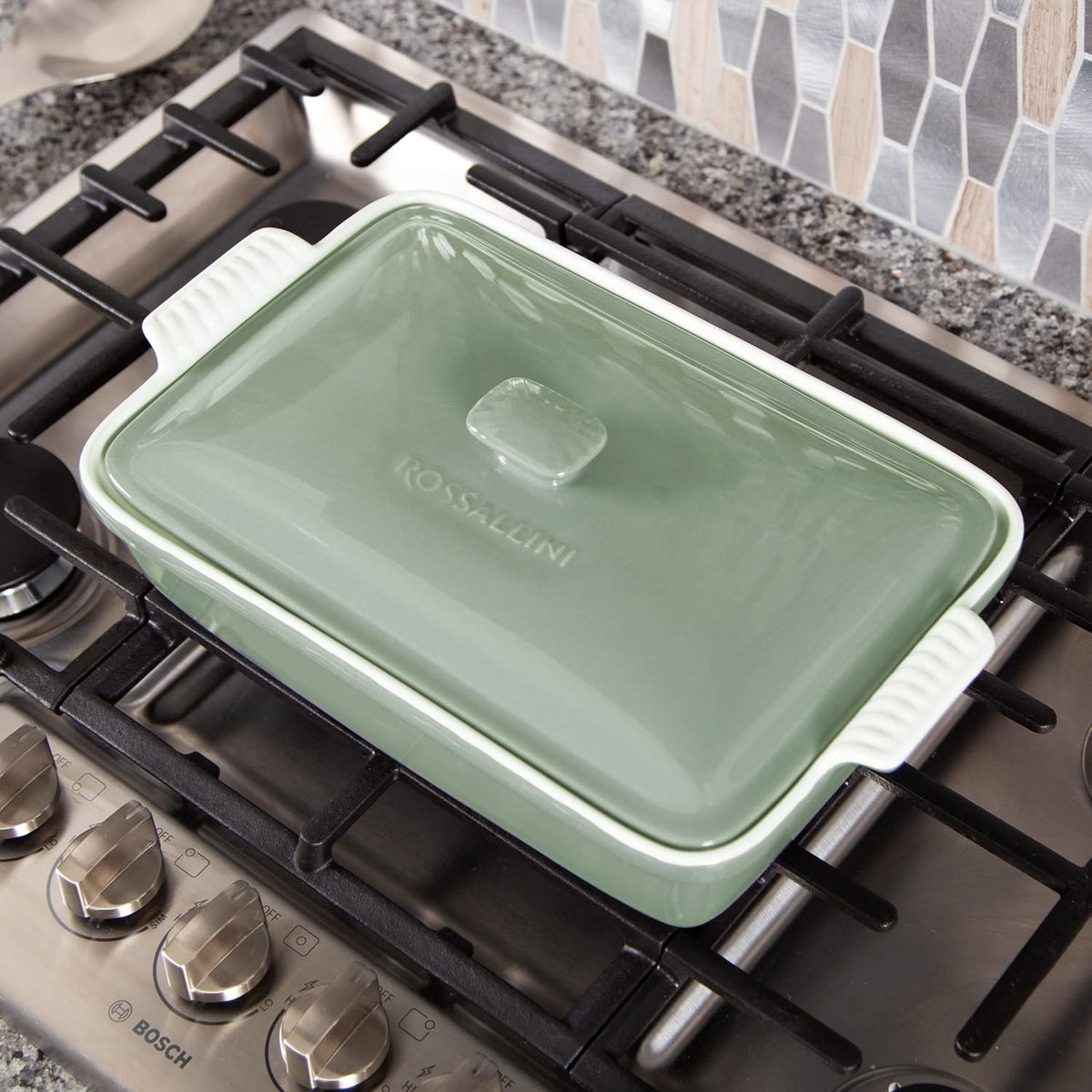 ROSSALLINI Stoneware Casserole Dish - Extra Large 4.23 Quart Bakeware Set with Lid | 13 x 9 Inch, Verde Salvia
