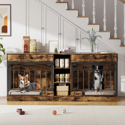 GarveeHome Dog Crate Furniture for 2 Dogs, Dog Kennel Indoor with Storage and Feeding Bowls, Double Dog Crate TV Stand for Small Medium Dogs, Brown