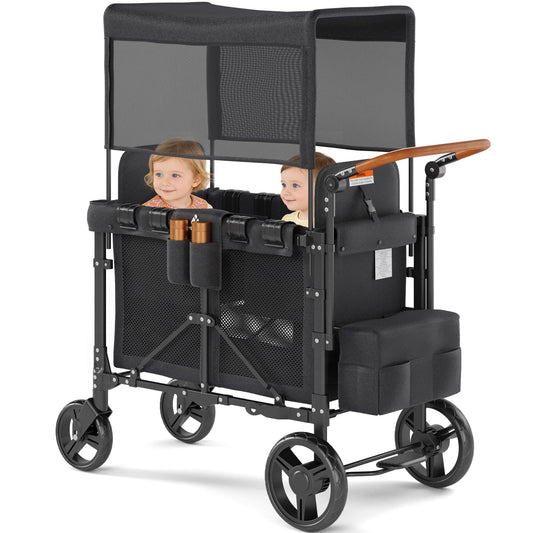 VELUVIA Wagon Stroller Outdoor for 2 Kids - Double Toddlers Stroller with Canopy & Removable Seat Pads, 2 Seater Push Pull Wagon One-Hand Fold, Shock-Absorbent Wheels & Safety Harness, Black