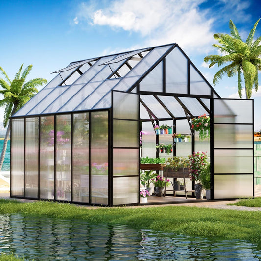 CDCASA 12x10x10 FT Greenhouse for Outdoors, Easy Assembly Large Aluminum Heavy Duty Polycarbonate Greenhouses Kit w/2 Windows, Swing Door, Outsides Walk-in Green House Sunroom for Backyard Garden
