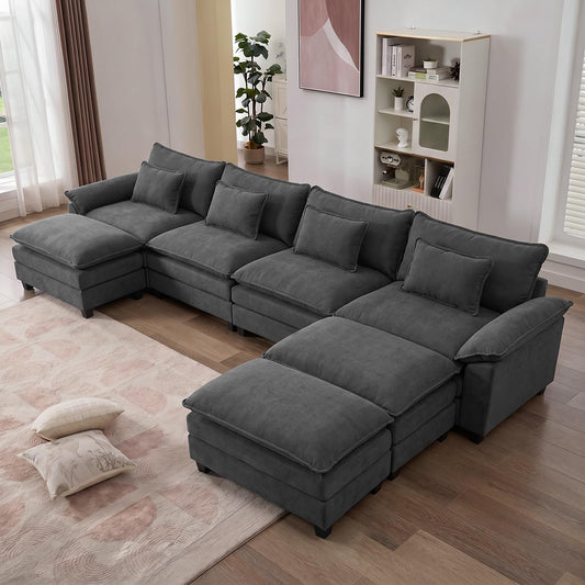 IPKIG 154" Modular Sectional Sofa, Velvet C-Shaped Sectional Couch Comfy Upholstered Seat Sofa with Ottoman, Deep Seat Cloud Couch Sofa for Living Room, Dark Grey