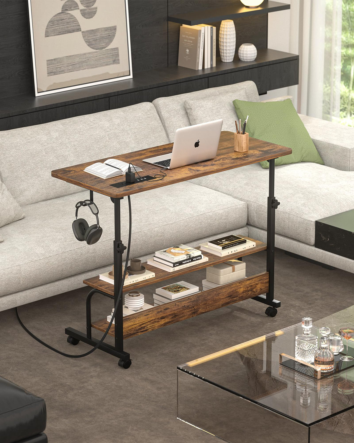 Armocity Rolling Standing Desk with Power Outlets, 32" Manual Height Adjustable Mobile Computer Desk with Wheels, Small Portable Sit Stand Laptop Couch Table for Bed & Sofa Home Office, Rustic Brown