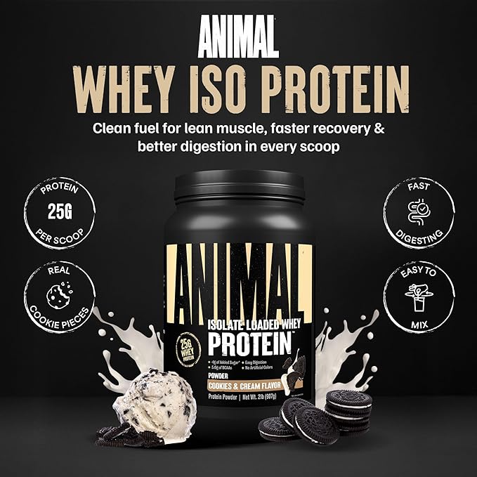 Animal Whey Isolate Protein Powder - Loaded for Pre & Post Workout Muscle Builder and Recovery with Digestive Enzymes for Men & Women - 25g Protein, Great Taste, Low Sugar - Cookies & Cream 2 lbs