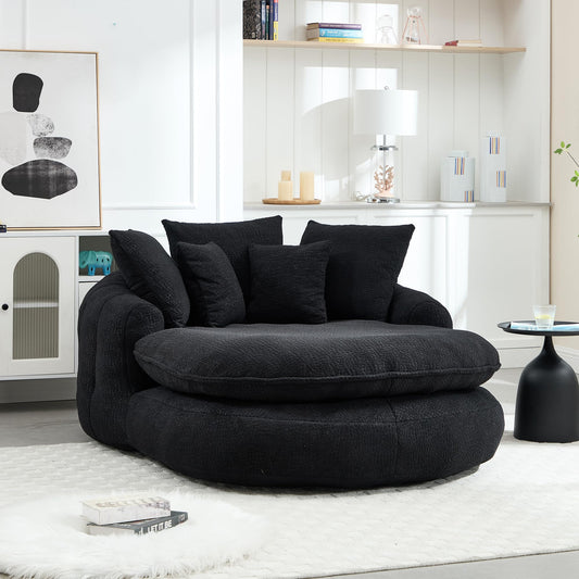 Oversized Oval Bean Bag Sofa, Chenille Fabric Floor Lounger with 5 Pillows and Wrap-Around Backrest for Adults, Large Lazy Sofa for Living Room and Game Room, Black