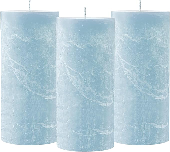 Simply Soson 3x6 inch Light Blue Pillar Candles Set of 3, Rustic Texture, Unscented Candles, Dripless Candles, 3 inch Pillar Candles Ideal as Wedding, Parties, Spas, Dinner, Home Decoration, Church