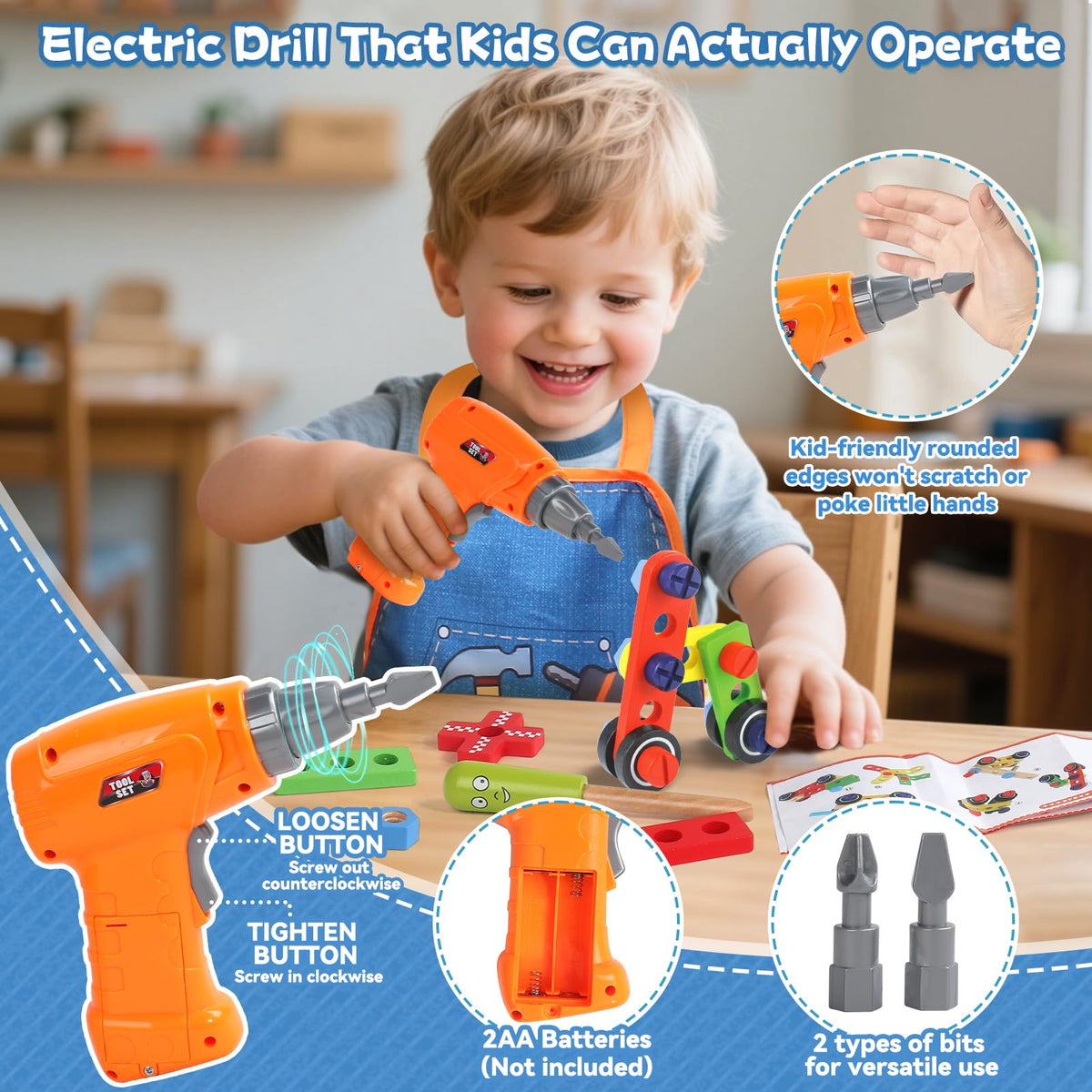 Kids Tool Set with Drill, Educational Montessori Toys for 3 Year Old Boys 44 Pcs STEM Kids Toys Wooden Toddler Tool Set with Apron & Box Birthday Gifts for 3 4 5 Year Old Boy Girl