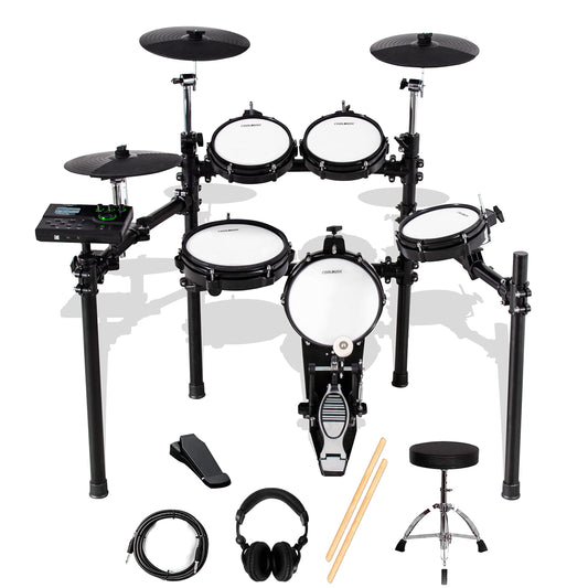 Coolmusic DD8 Electric Drum Set Electronic Kit with Mesh Head 8 Piece, Drum Throne, Sticks Headphone and Audio Cable Included, More Stable Iron Metal Support Set