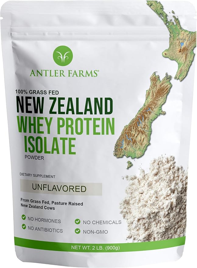 Antler Farms - 100% Grass Fed New Zealand Whey Protein Isolate, Unflavored, 2 lbs - Pure and Clean, 2 Ingredients, Delicious, Cold Processed