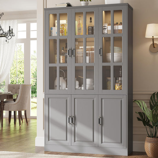 MEISSALIVVE 78.7" Tall Pantry Cabinet with LED Lights, Freestanding Kitchen Pantry with Glass Doors, Large Food Storage Cabinet, Grey (47.2" W x 15.7" D)