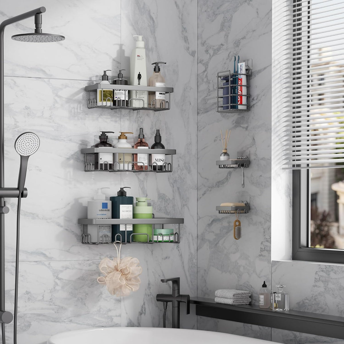 Veken Shower Caddy - 6-Pack Rustproof Waterproof Adhesive Shelves | Large Capacity Bathroom Organizers - Light Grey