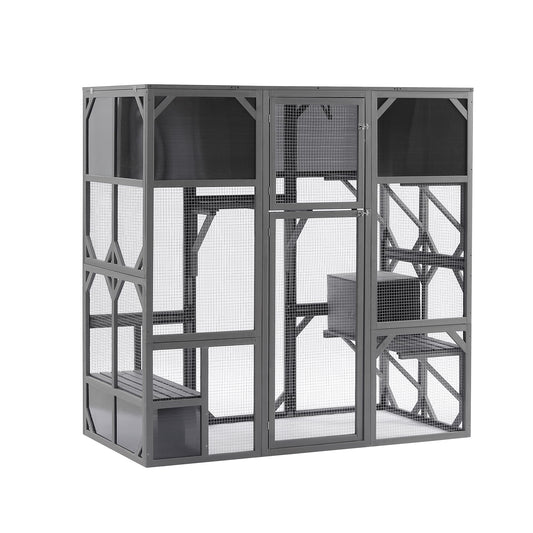 Ball & Cast Outdoor Wooden Cat House Catio Enclosure with Enter Door Kennel,Bouncy Bridge,Platforms and Small Houses,Waterproof,for Walk-in Kitty Kennel,Dark Grey