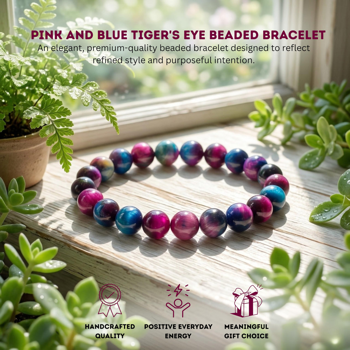 Cherry Tree Collection Pink and Blue Tiger's Eye Beaded Bracelet – Genuine 8mm Gemstone Stretch Bracelet for Men & Women – Handmade Crystal Bracelet - (Pink and Blue Tiger's Eye - S)