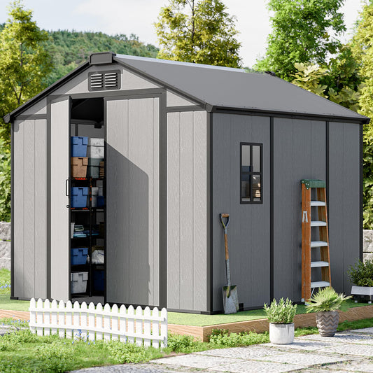 CDCASA 8x8x7 FT Resin Shed with Floor Included, Steel‑Reinforced Large Waterproof Outdoor Storage Sheds with Base & Lockable Door & Window & Vents, Outside Plastic Tool for Outside Patio Backyard