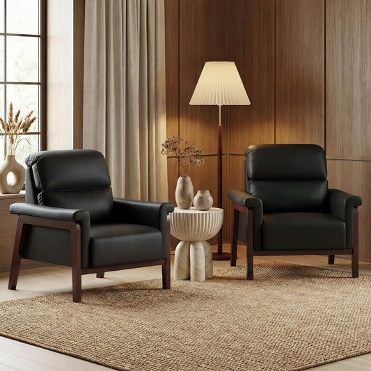 STHOUYN Oversized Leather Accent Chair, Mid Century Modern Office Arm Chair with Solid Wood Legs & High Backrest, Comfy Upholstered Side Sofa Chair for Living Room, Waiting Room, Bedroom (2, Black)