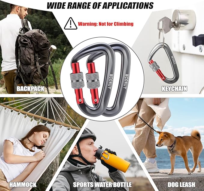 12kN Locking Carabiner Clips, Small Aluminium Carabiners Keychain, Heavy Duty Caribeaners for Camping, Hiking, Hammocks, Swings, Dog Leash, 2 Pcs