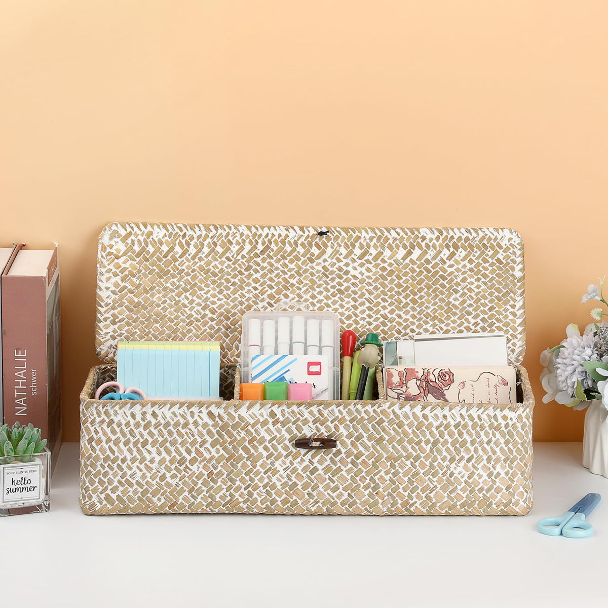 Hipiwe Storage Basket with Lid 3 Sections Handwoven Seagrass Basket Rectangular Closet Organizer Bin Multipurpose Storage Box for Bathroom Shelf Kitchen, Whitewash