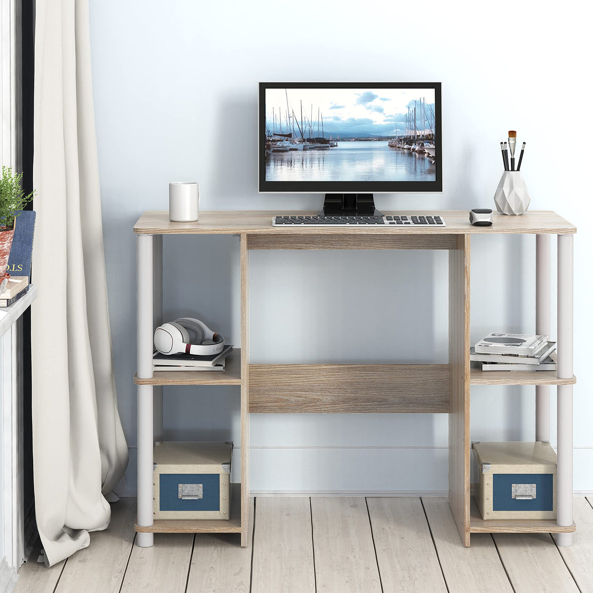 SHW 38-Inch Home Office Wood Desk with Double Sided Shelves, Oak