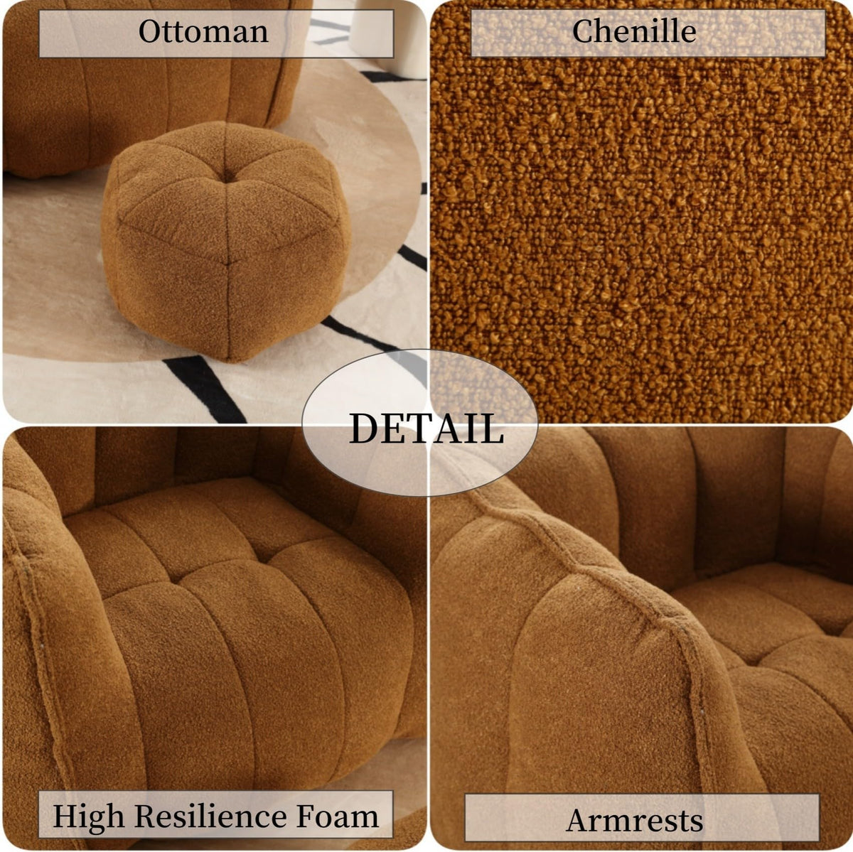 KEIKI Chenille Giant Bean Bag Sleeper Chair with Ottoman, Adults and Kids Lazy Floor Sofa Couch, High Resilient Foam Comfy Reading Chaise Lounge Recliner for Living Room Bedroom, Khaki