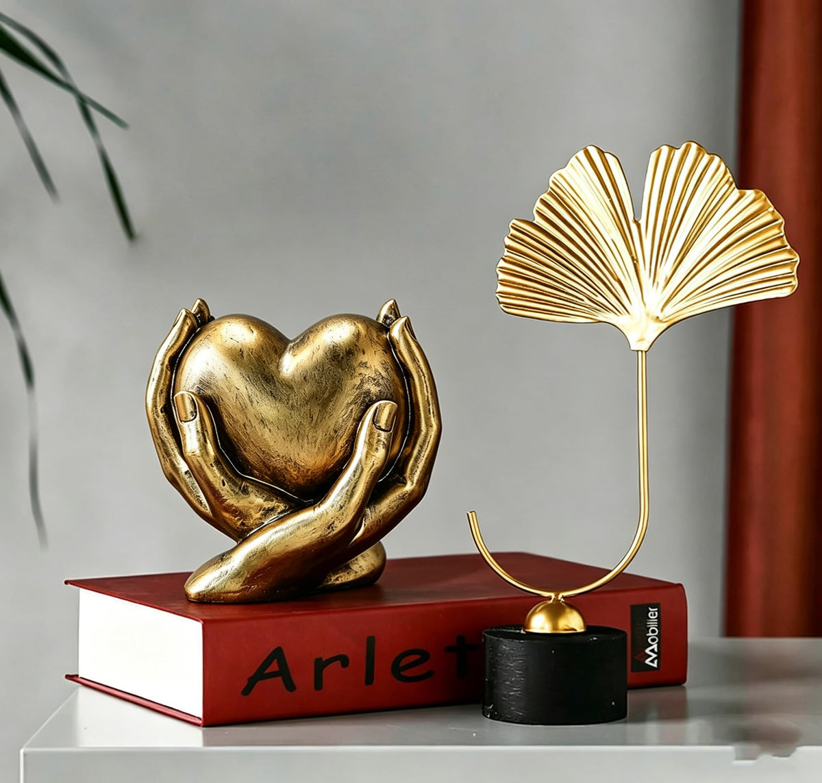 Gold Heart Hands Sculpture Boho Home Decor Accents Living Room Decor, Aesthetic Shelf Decoration, Ideal for Coffee Table, Shelves, Home, Bedroom, Birthday, Wedding Table Decor, and Symbol of Love