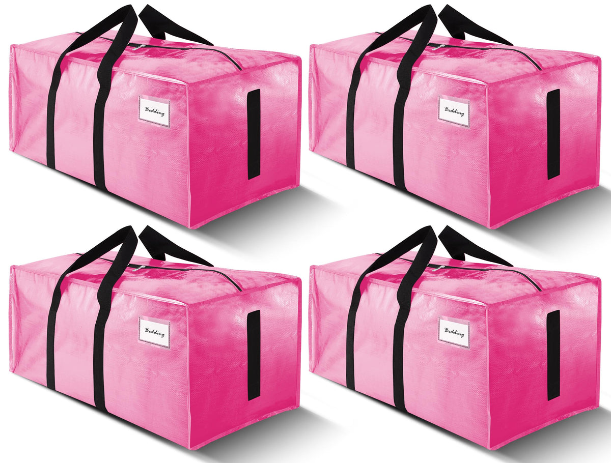 4 Pack Large Strong Moving Bags with Zippers & Carrying Handles - Water-Resistant - Heavy Duty Storage Tote for Space Saving, Fold Flat, Alternative to Moving Box (Pink)