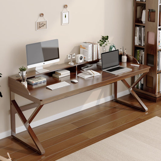 OSCHF Long Desk with Monitor Stand - 71" Double Long Computer Table for 2-Person Workstation, Large Writing Study Work Desk for Home and Office, Walnut