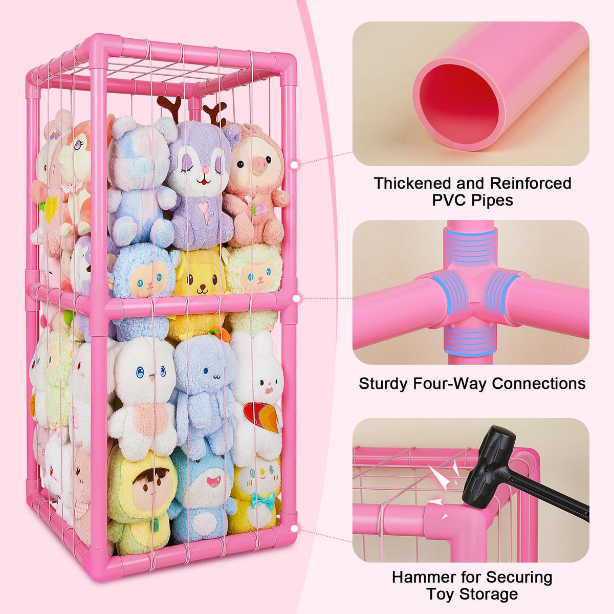Unicorn Castle Stuffed Animals Storage Organizer with Thicken PVC Tubes Elastic Band Space Save Vertical Plushies Storage Stuffed Animals Zoo Cage for Kids,Pink