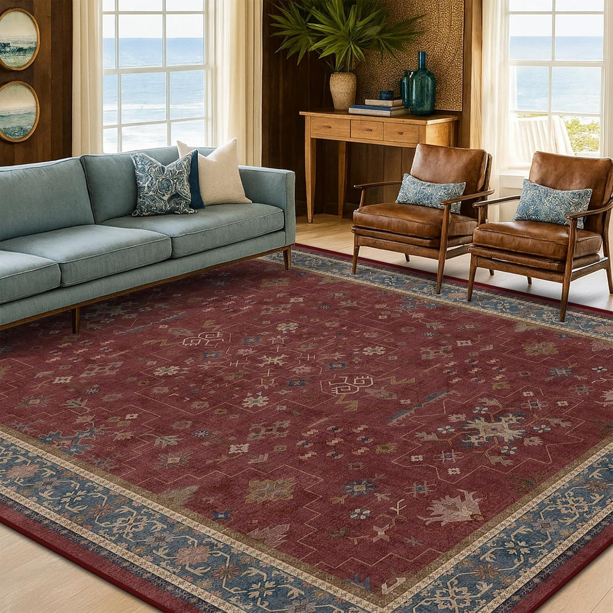 Skiennix 6x9 Dining Room Rug - Vintage Burgundy Boho Design, Lightweight & Washable Carpet