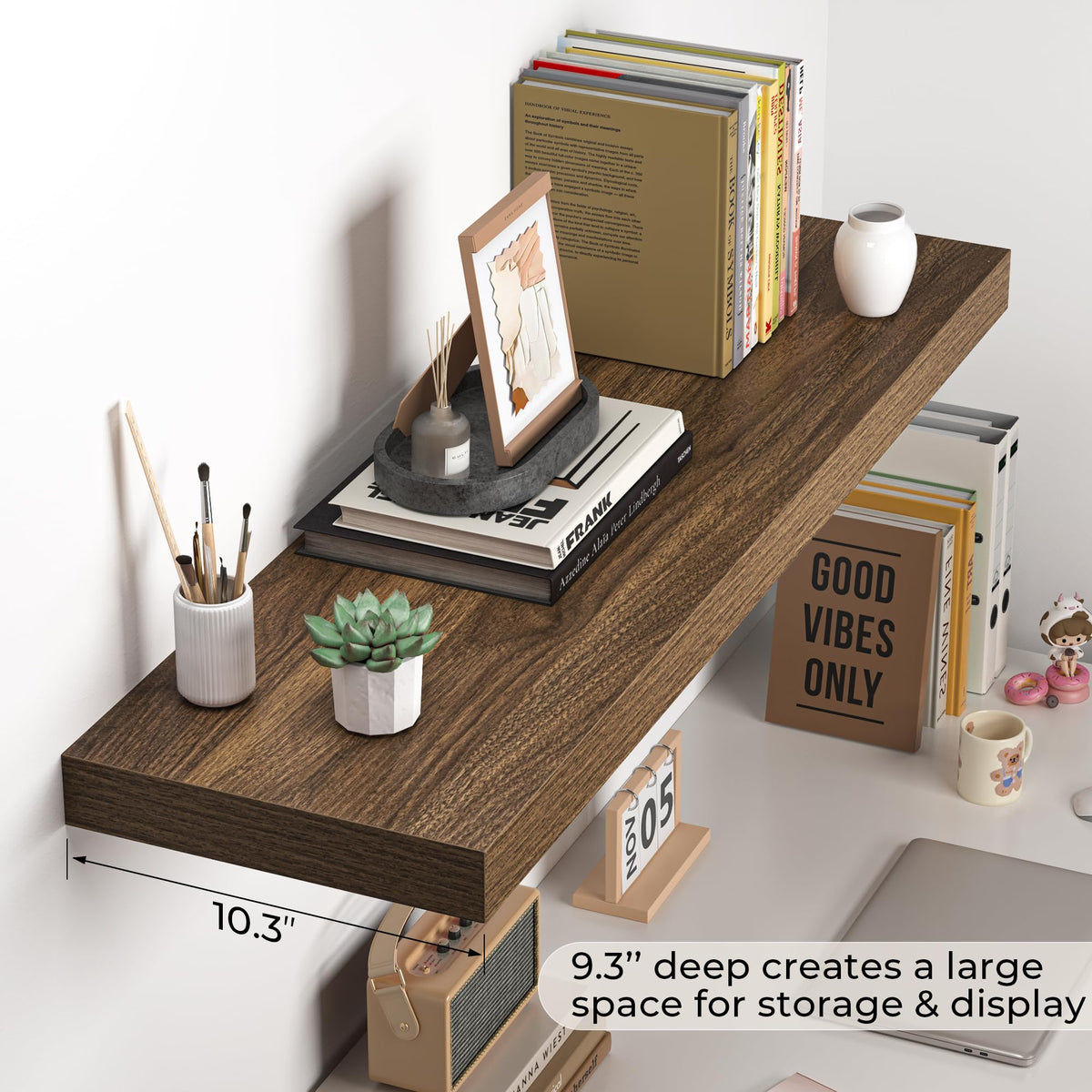 Fun Memories Floating Shelves - 10.3 Inch Deep Wall Shelf for Decor & Storage - Wall Mounted Display Shelving with Invisible Heavy-Duty Metal Bracket - 36"x 10.3"x 1.8" 1 Pack, Walnut