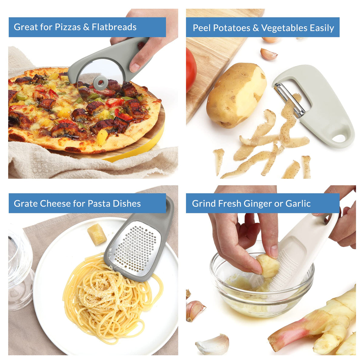 PortoFino Kitchen Gadgets Set 5 Pieces, Includes Pizza Cutter, Cheese Grater, Vegetable Peeler, Bottle Opener, Garlic Grinder, RV Kitchen Accessories, Space Saving Design, Dishwasher Safe