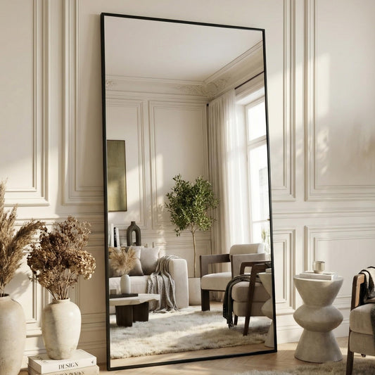 Antok 82''x44'' Full Length Mirror, Shatterproof HD Oversized Floor Mirror with Stand, Aluminum Alloy Frame Leaning Standing or Wall Mounted Mirror for Bedroom Living Room Entryway, Black