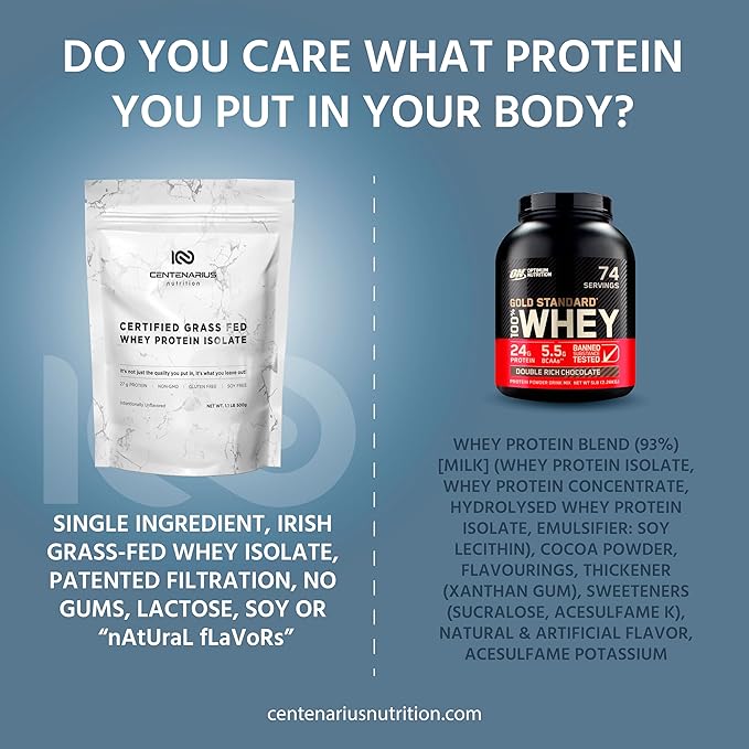 Centenarius Nutrition Grass Fed Whey Protein Unflavored Powder 500g with Natural Amino Acids for Optimized Muscle Growth, Recovery & Efficiency - Cold-Filtered, No Additives or Hormones