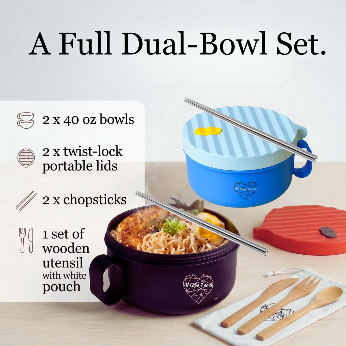 AI LOVE PEACE Ramen Bowls, 40 oz Large Microwavable Noodle Bowls (1 Blue, 1 Red) with Chopsticks, Sporks, and Utensil Bag, Portable Microwave Bowl for Home, Office, Dorm, or College Gift.